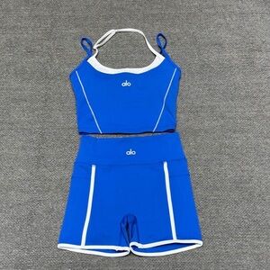 Alo Yoga Blue White Contrast Workout Set | Crop Top & Biker Shorts